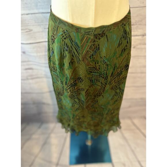 Richard Malcolm 100% Silk Olive Green Leaf Print Midi Skirt Size Medium - Picture 2 of 6